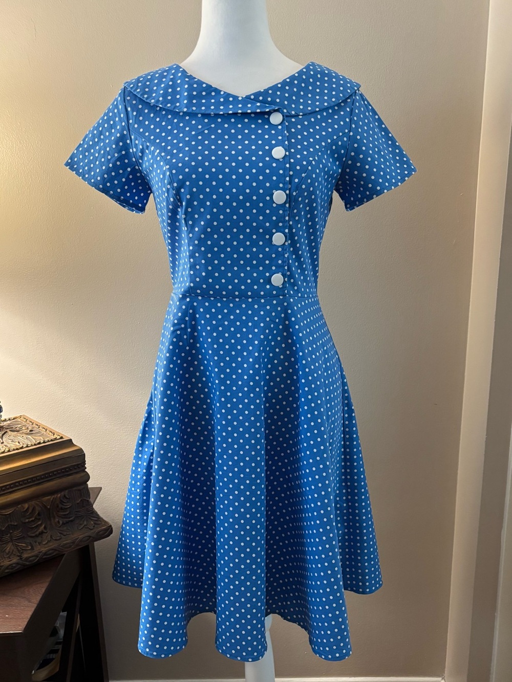 Vintage Wedtrend Women’s Size S Blue Polka Dot Fit & Flare Asymmetrical Button